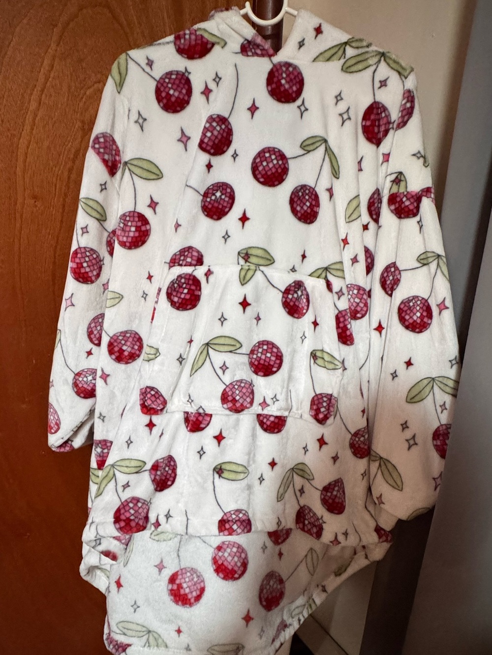 Cozy White Hooded Fleece Tunic with Red Cherry Print